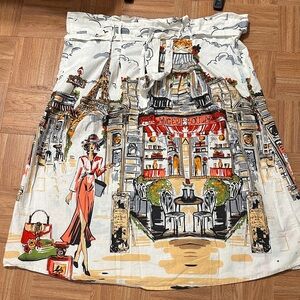 Her Destiny Parisian-Print A-Line Cotton Skirt in Cream and Red